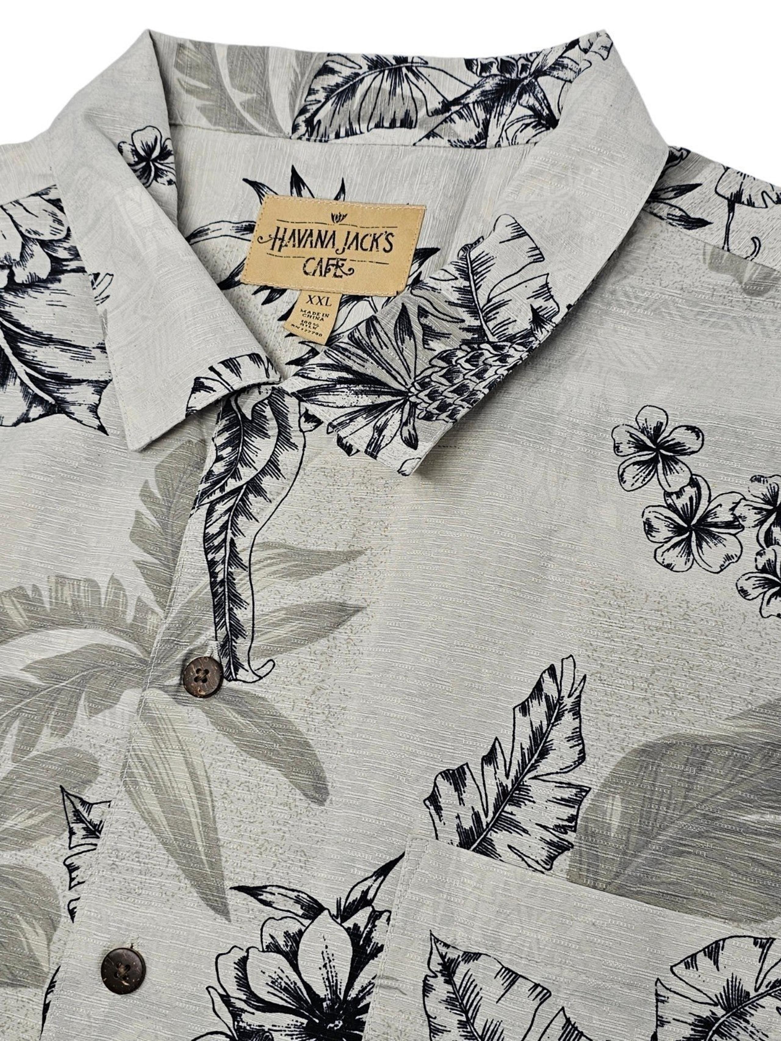 Havana Jacks Cafe Tropical Shirt Size 2XL 100% Silk Beige Floral Palms Button Up