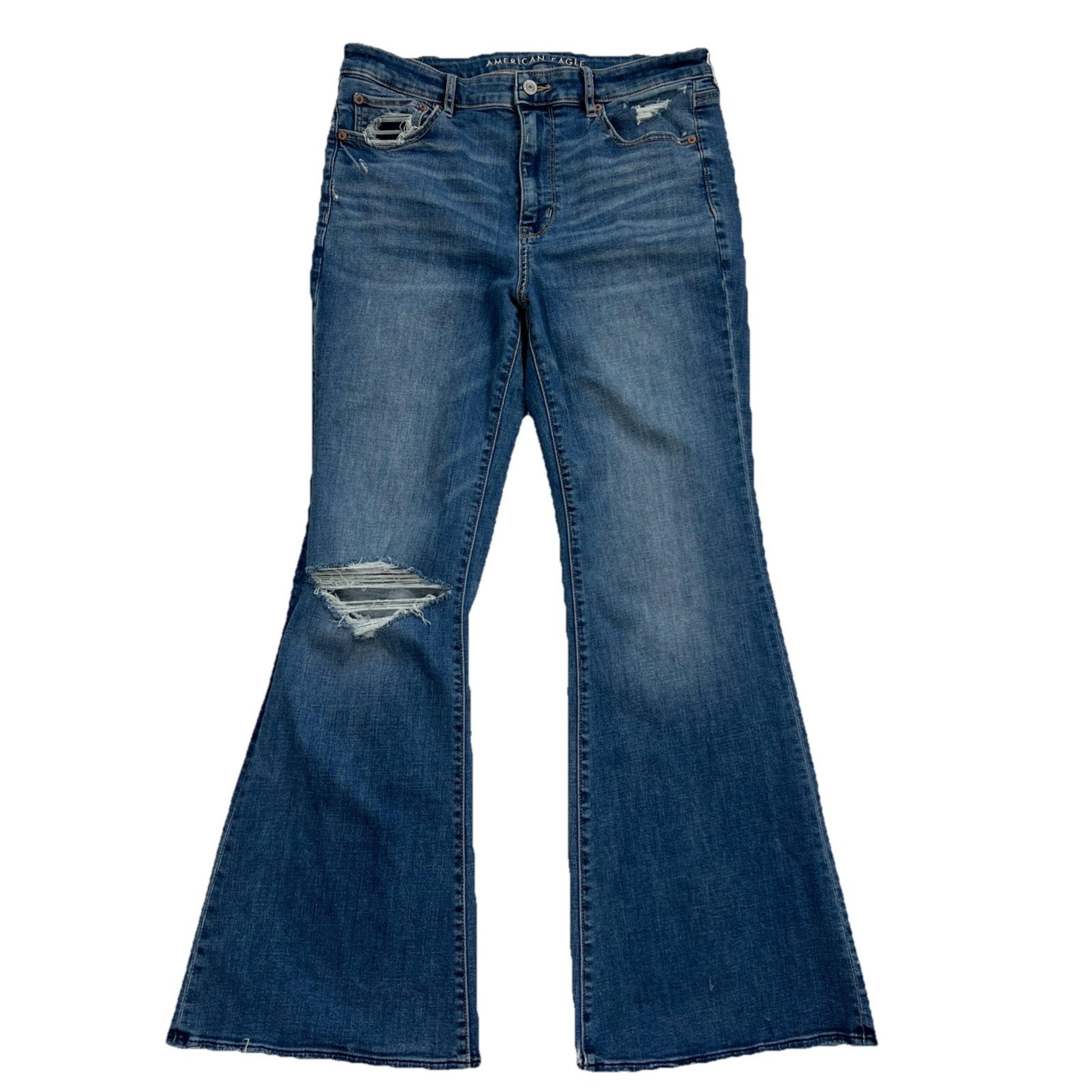 American Eagle Jeans Women 12 Super Hi-Rise Flare Distressed Raw Hem Boho Hippie