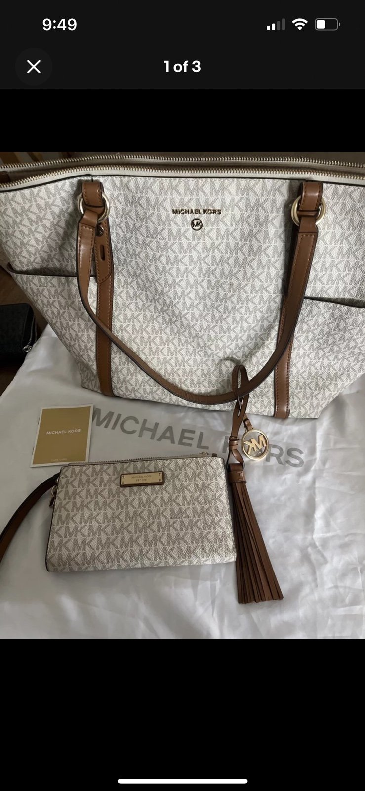 Michael Kors Sullivan Large Top Zip Tote Vanilla/Acorn With Matching Wallet