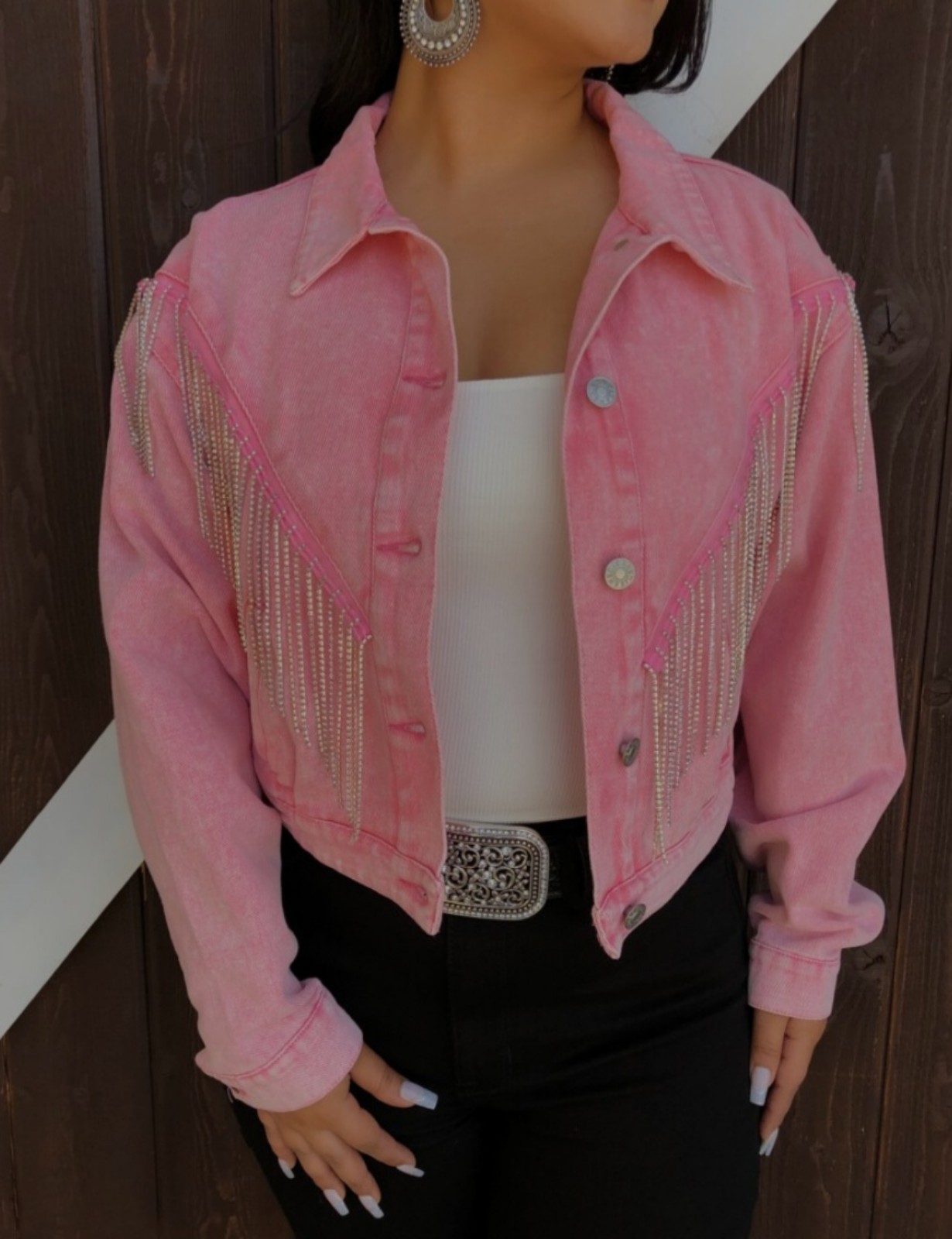 Blue B collection Rhinestone Fringe Denim Jacket ( Pink ) Size 2X