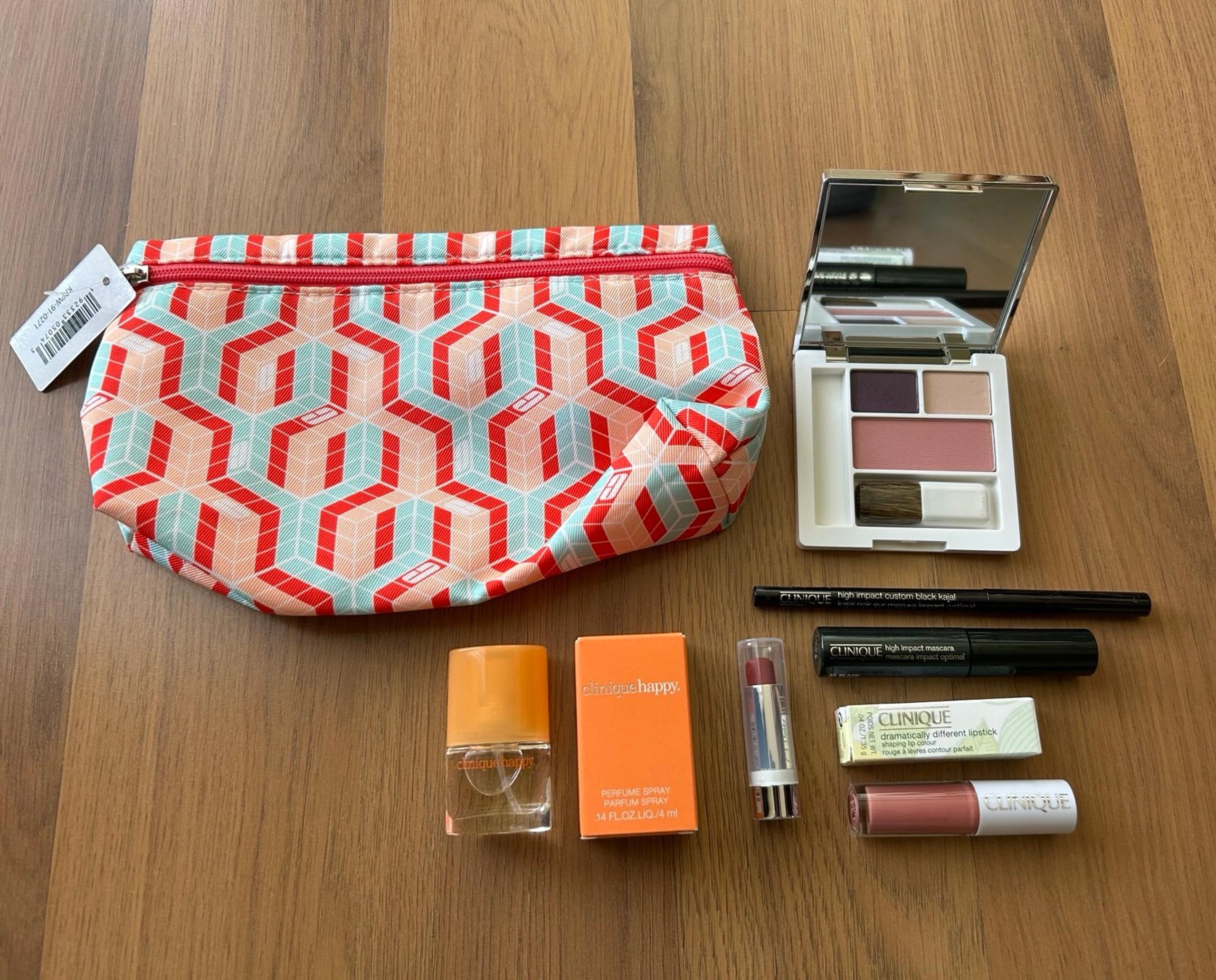 Clinique Makeup Bag Happy Perfume High Impact Mascara Eyeliner Lipstick Blush