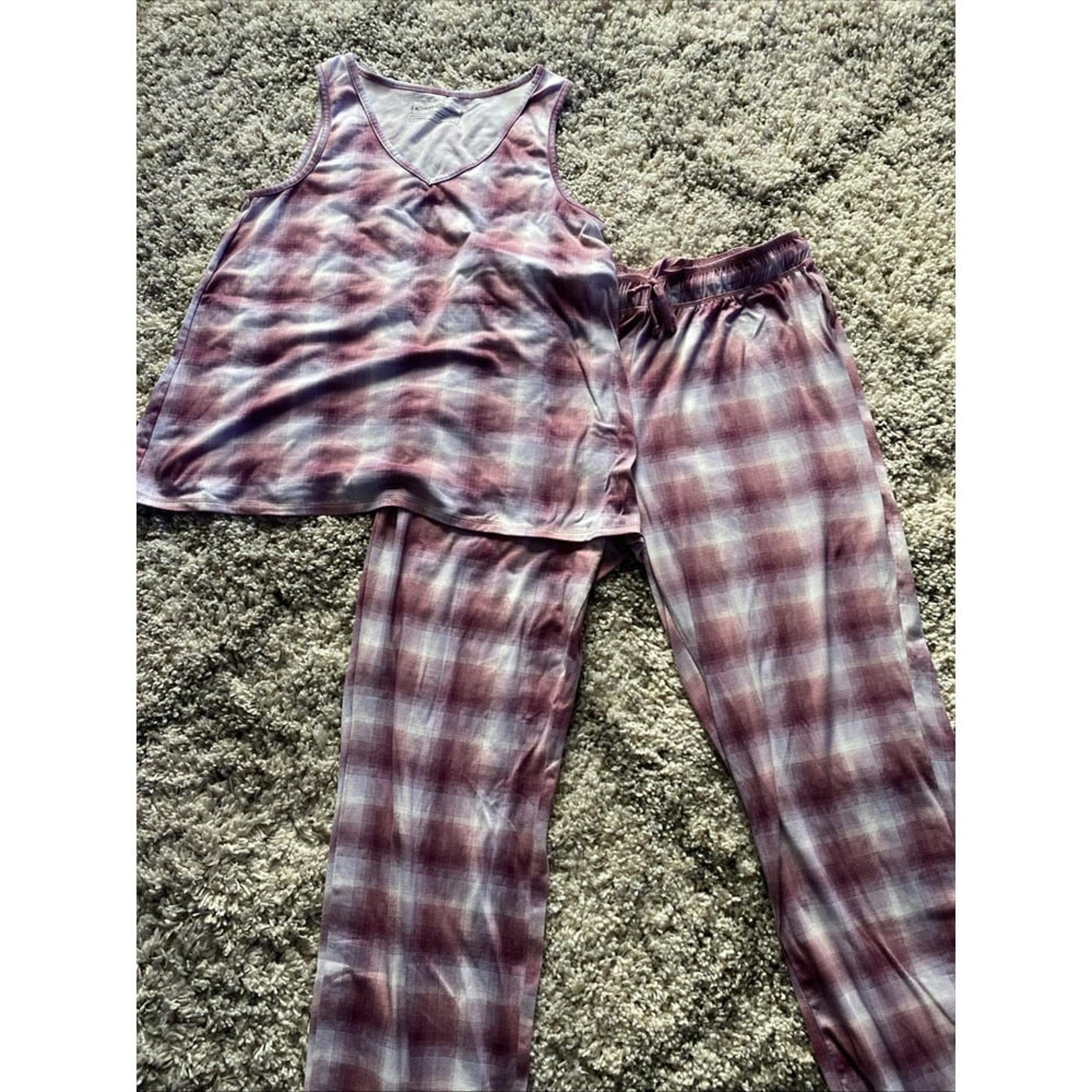 Eddie Bauer Womens Pajama Set Size Large Tank Pants Purple Plaid Microfiber
