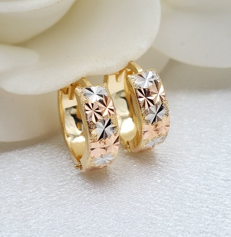 Solid 14k Gold Tricolor Huggies Earrings - 15mm