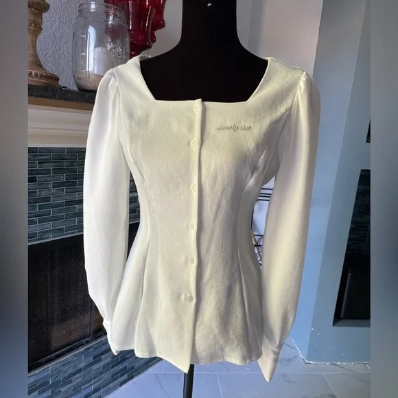 Mixxmix Lonely Club Square Neck Button Blouse White/Ivory