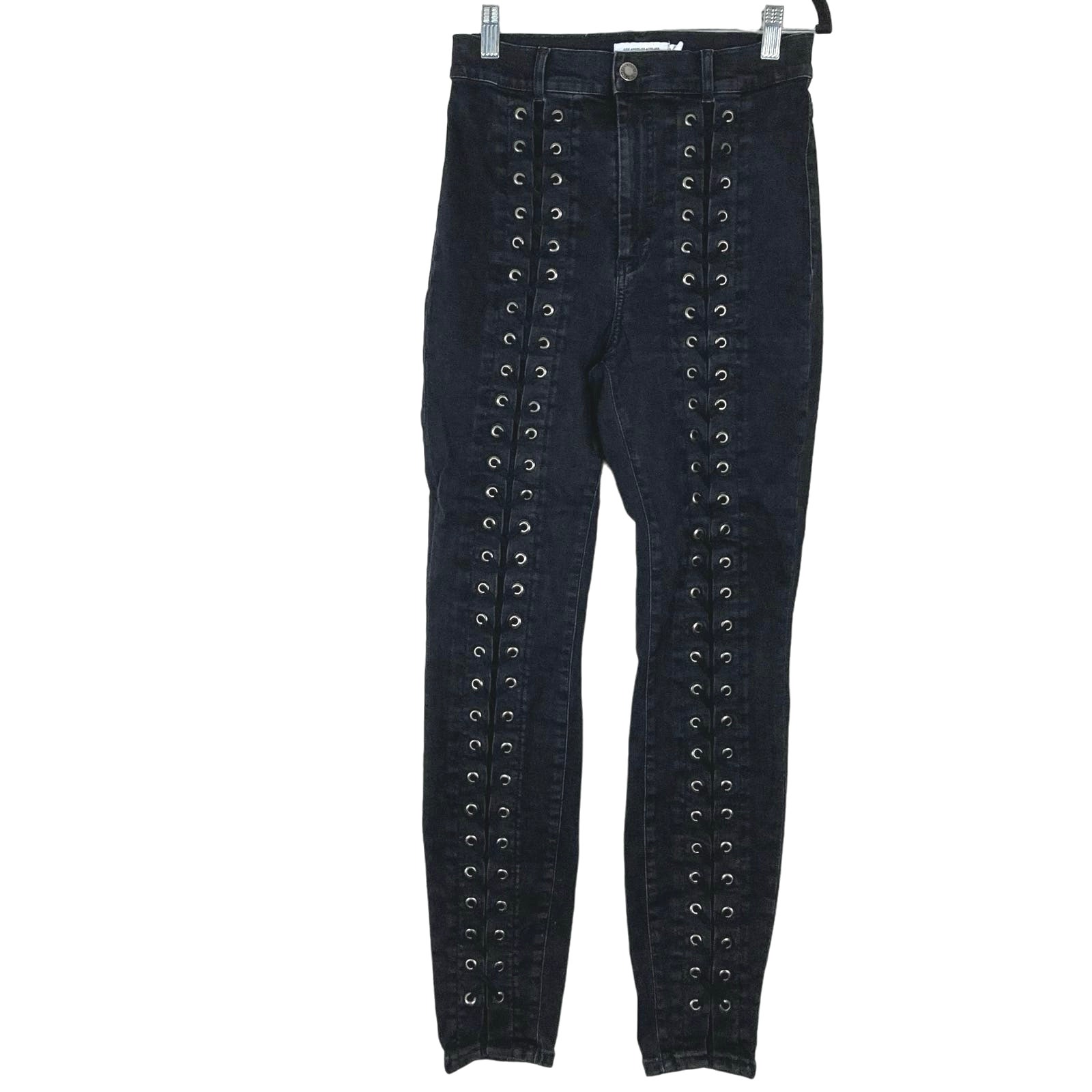 NWOT & OTHER STORIES Jean 28 Black Lace Up Silver Metal Rings Skinny Stretch