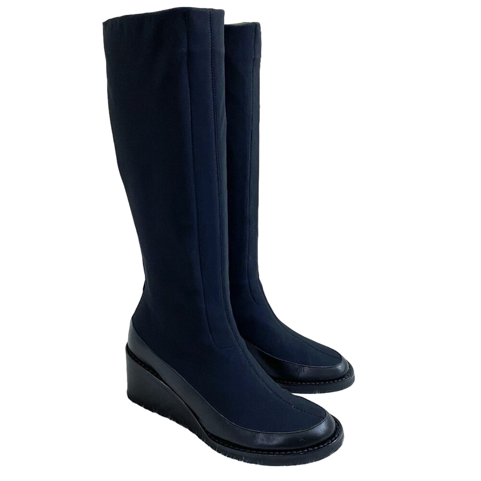 Vintage Y2K Donald Pliner Black Neoprene and Leather Mid Calf Wedge Boots Sz 5.5