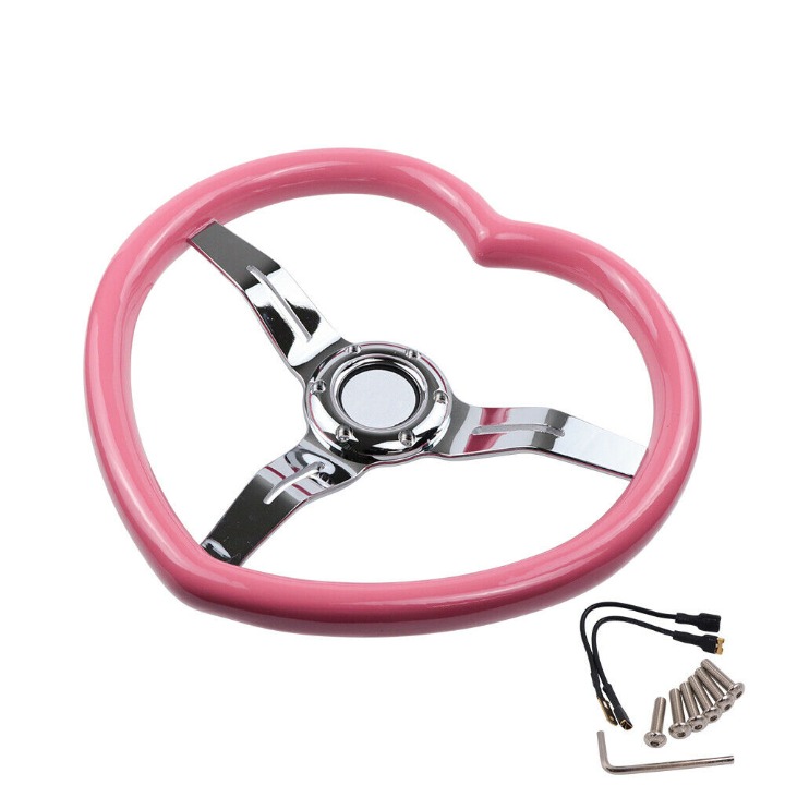 BRAND NEW 340MM Universal Heart Shaped Pink ABS Steering Wheel Chrome Spoke