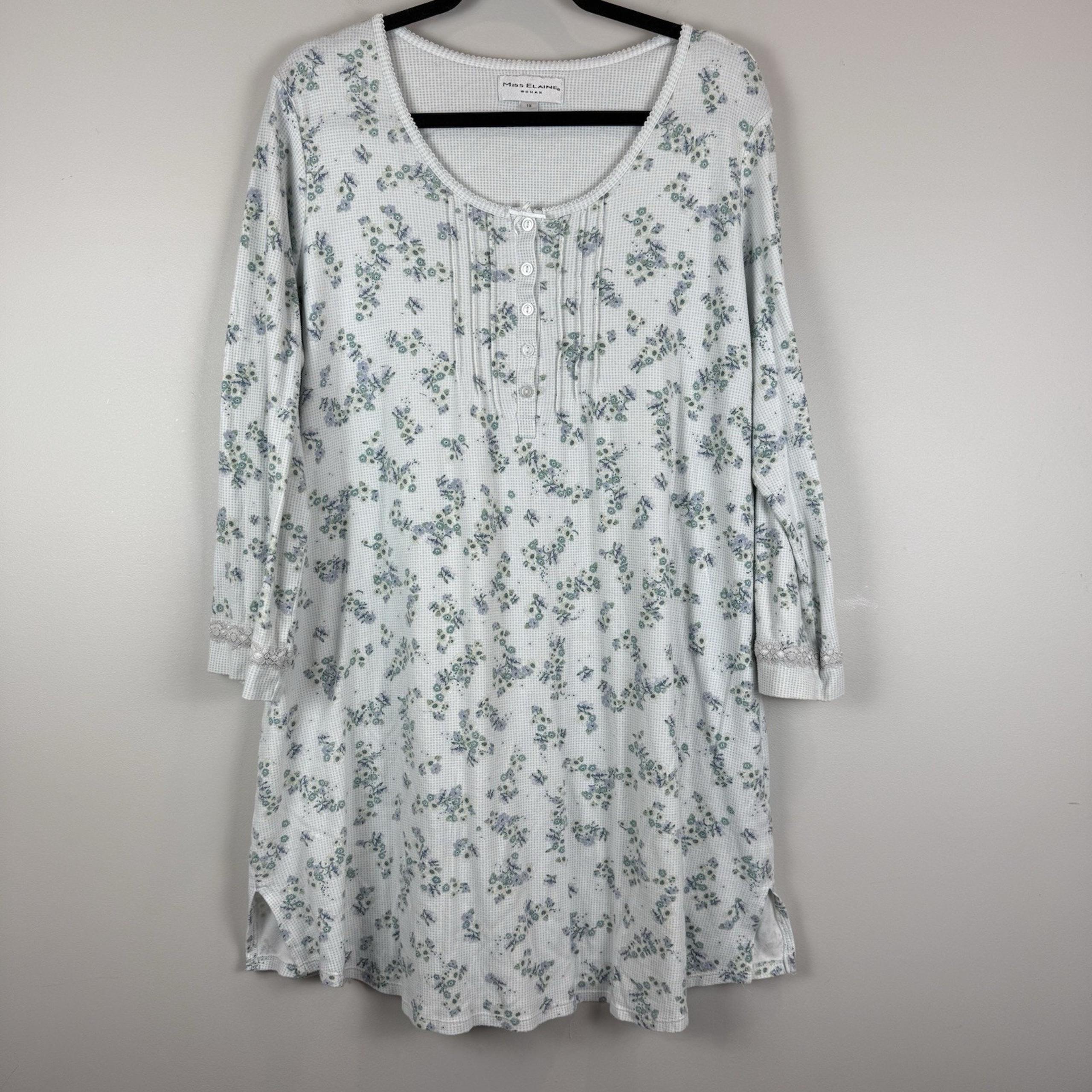 Miss Elaine Floral Sleep Gown Shirt Dress Womens 1X Lace Trim Round Neck Cottage