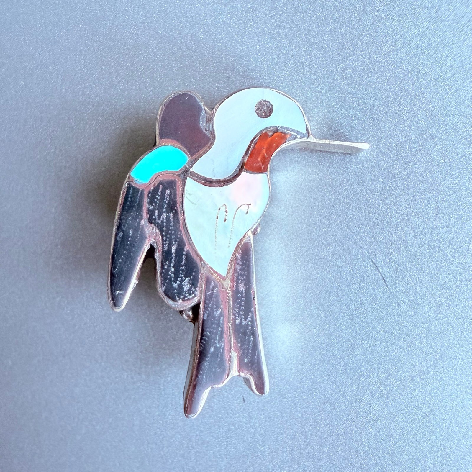 Vtg Zuni Eva Etsate Signed Hummingbird Sterling Silver Brooch Pendant Turquoise
