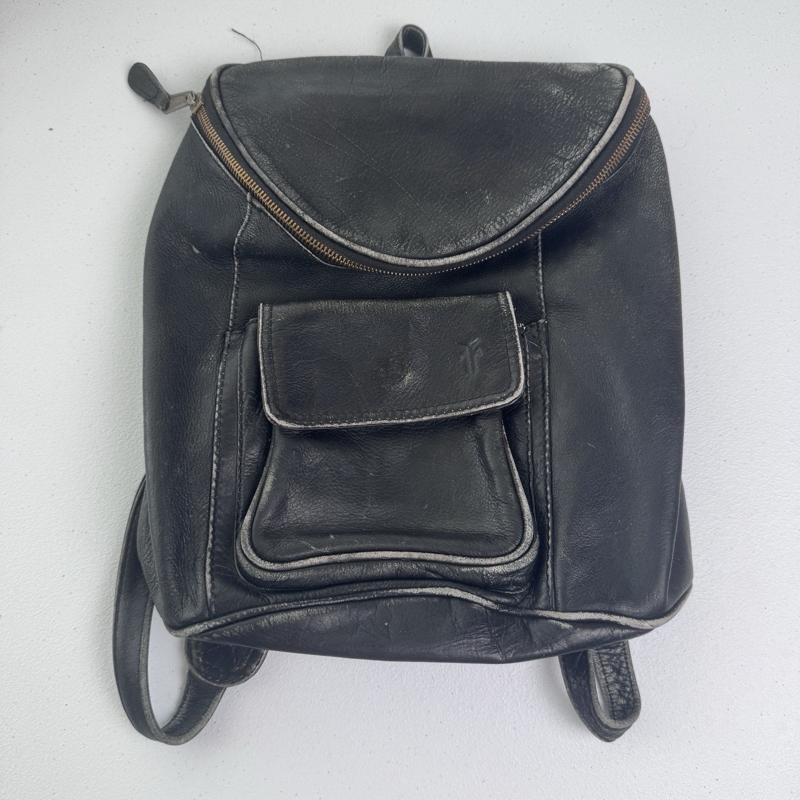 Vintage Frye Leather Backpack Bag Black Distressed Strap Zip Pocket Boho