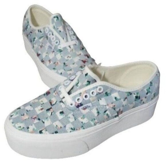 New Vans Authentic Stacked Woven Denim Floral Blue White Platform Shoes