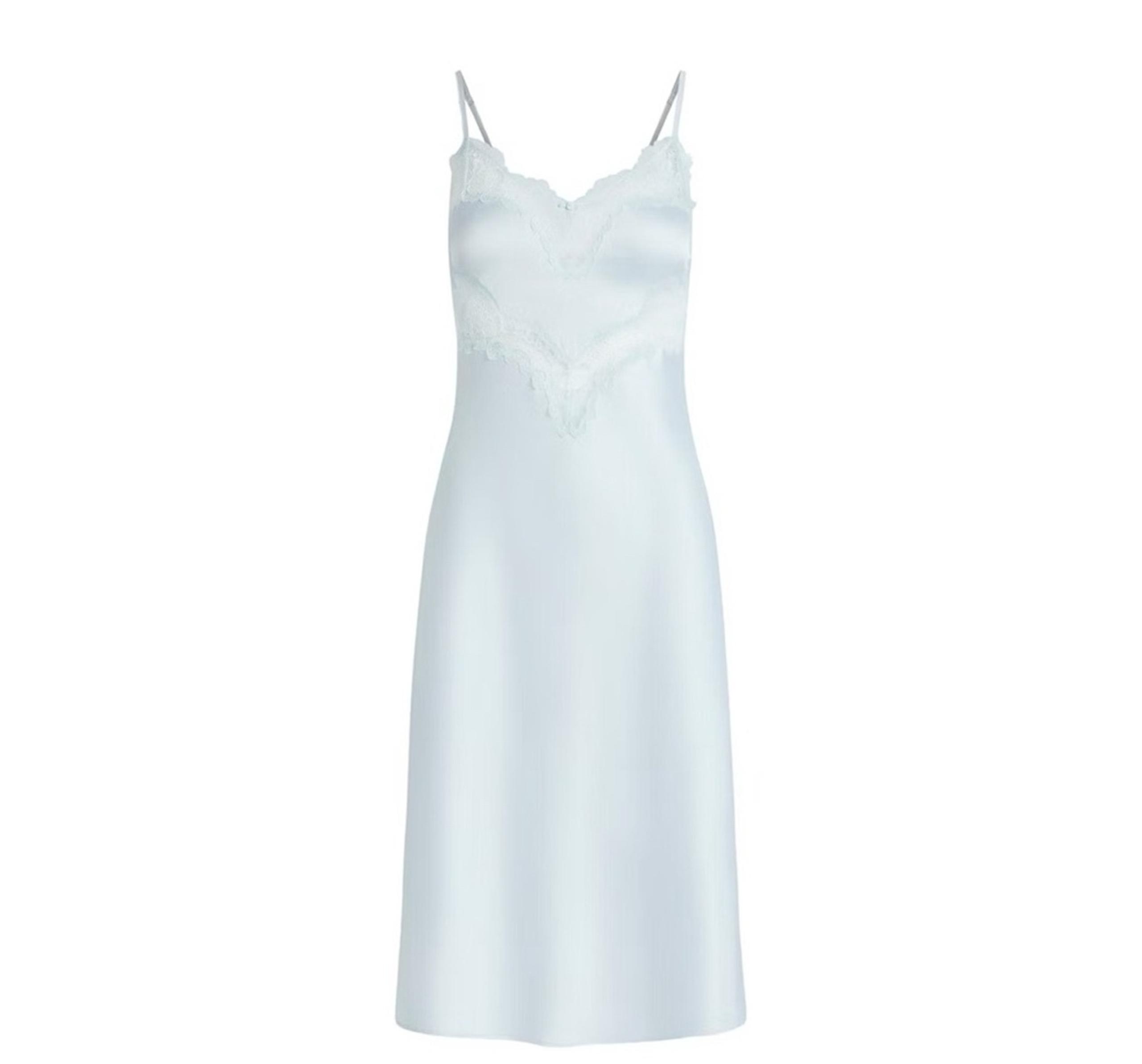 SKIMS WOVEN SHINE LACE MIDI SLIP DRESS CLOUD