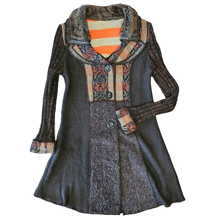 Sioni Sweater Coat Size Medium Cardigan Wool Mohair Brown Boho Cottage Patchwork