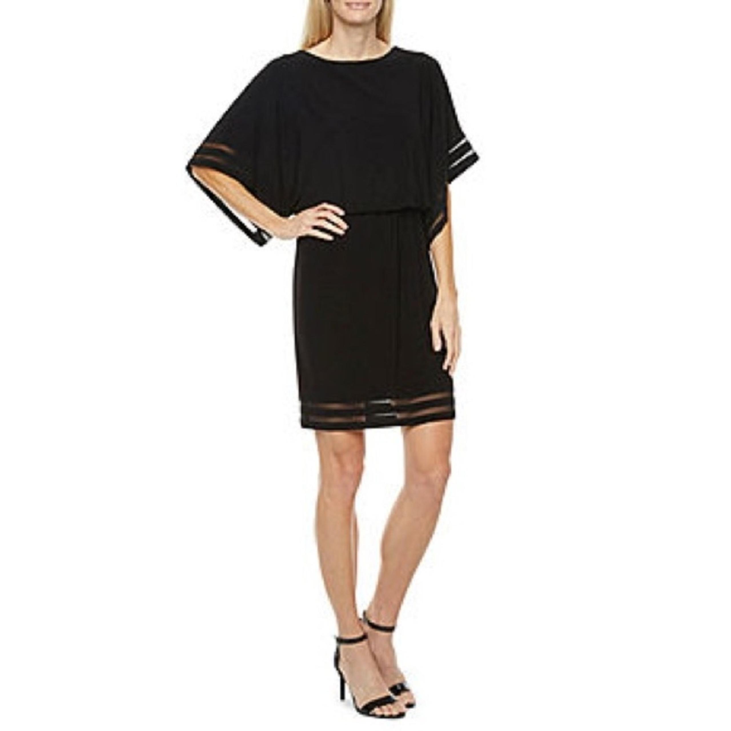 Jessica Howard Womens Black 3/4 Sleeve Sheath Knee Length Dress Mesh Sleeves