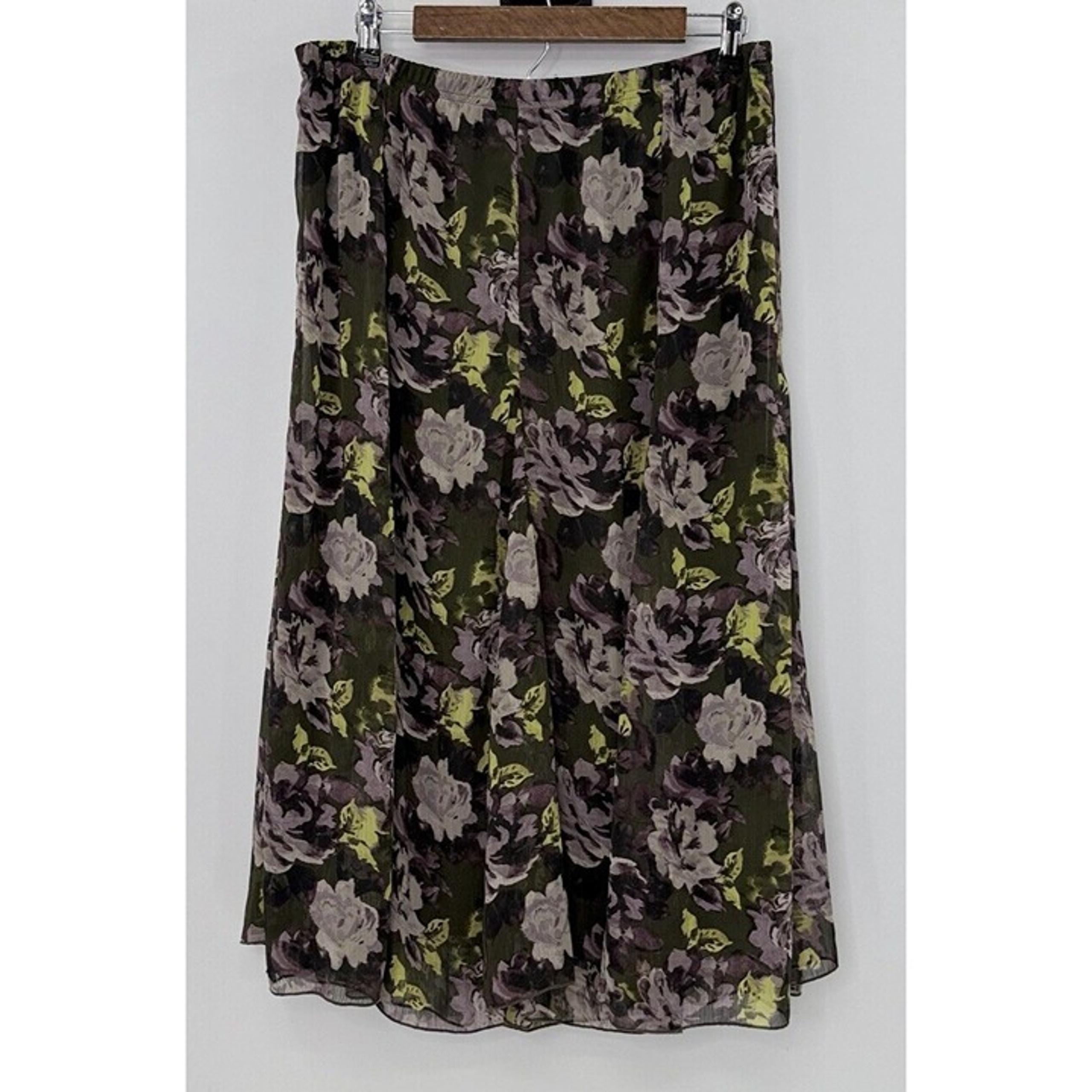 Christopher & Banks Green Floral Chiffon Pull On A-Line Midi Skirt Sz L, Boho