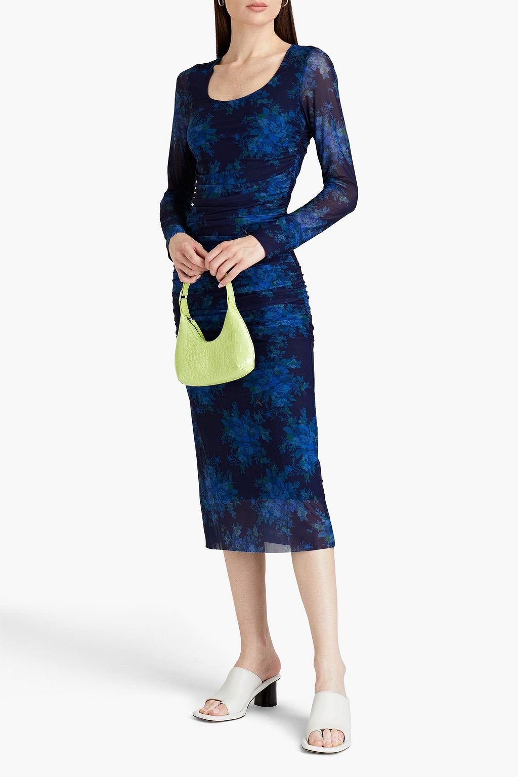 Ganni floral ruched long sleeve mesh dress in sky captain