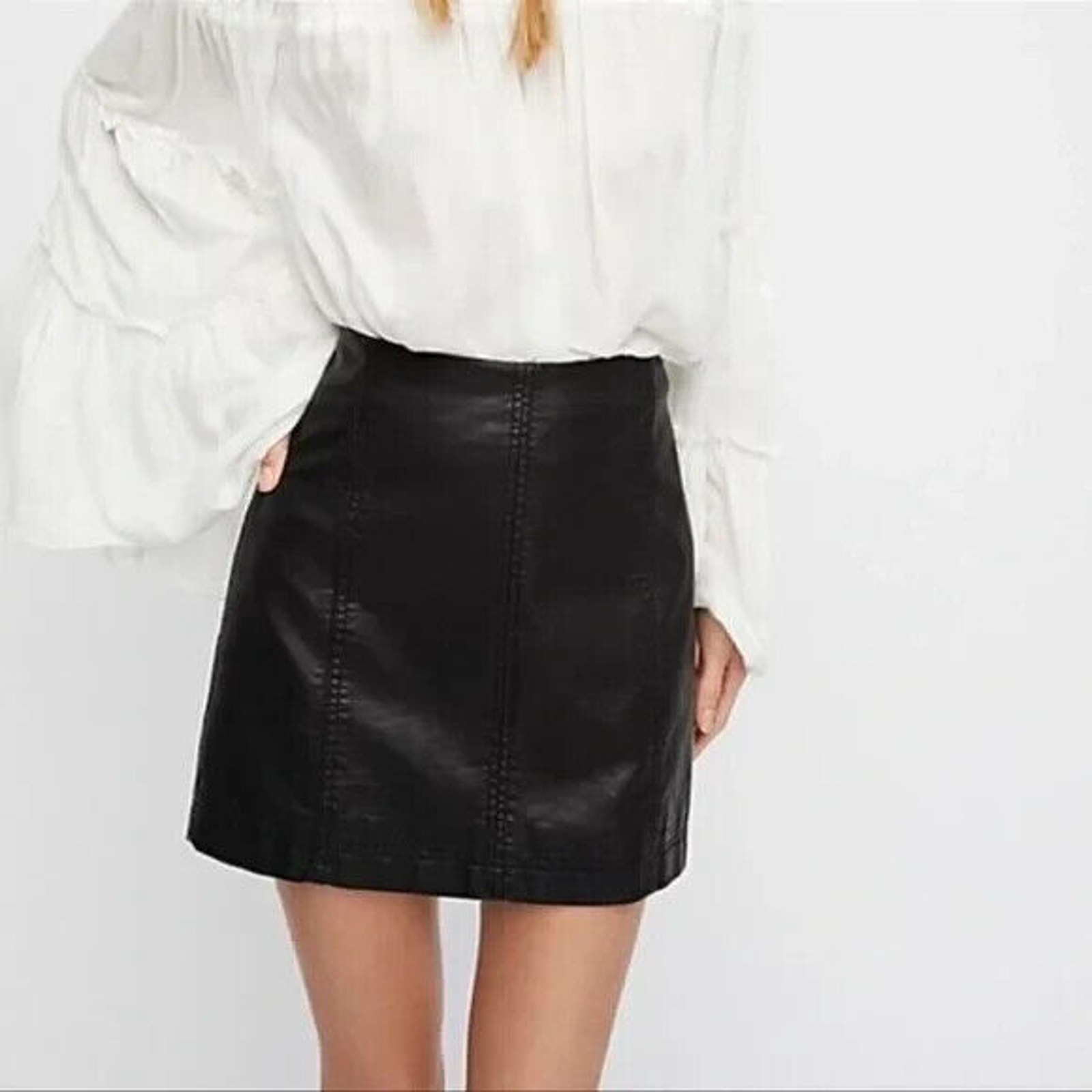 NWOT Free People Modern Femme Faux Leather Vegan Mini Skirt Black 2 XS Lined