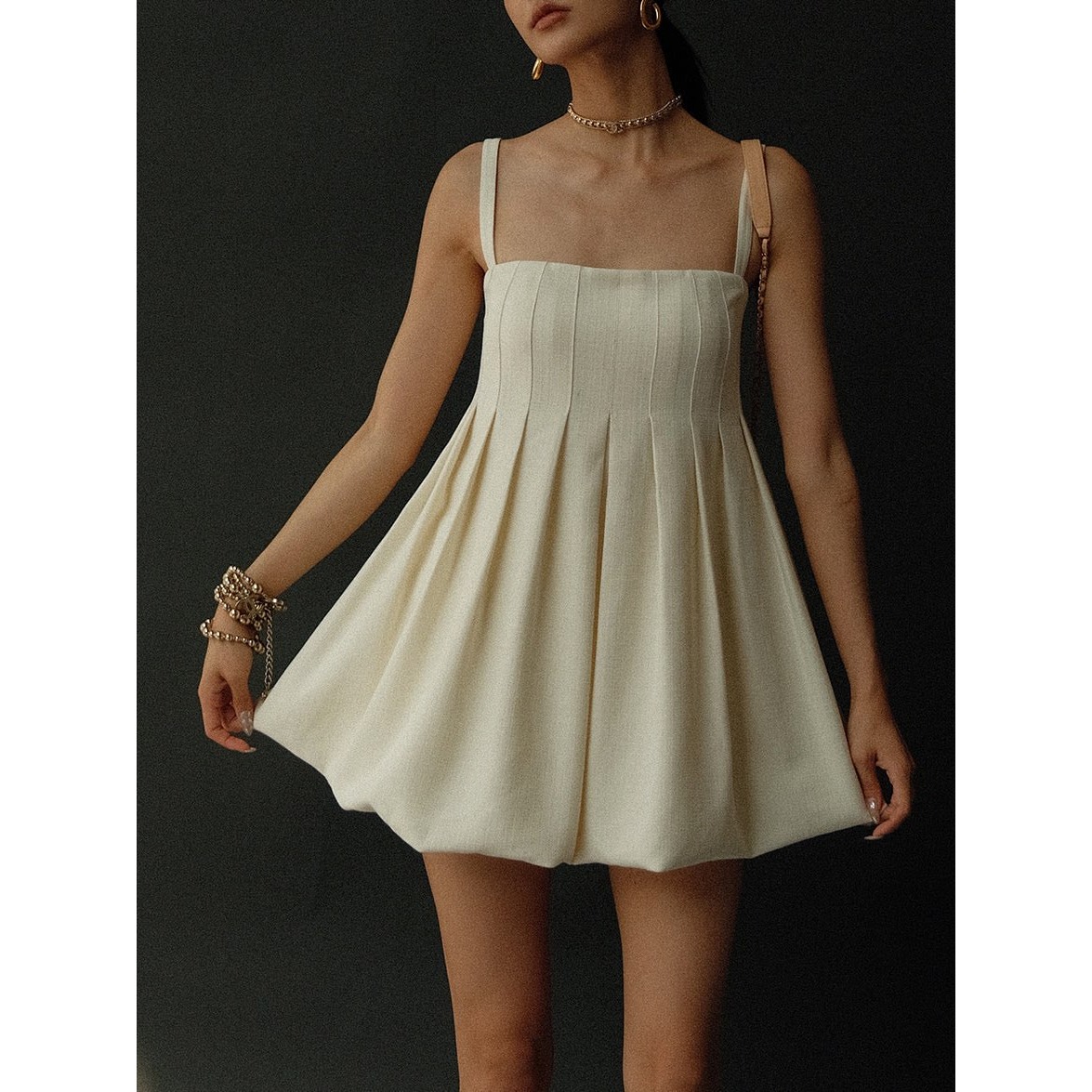 Commense Cream Mini Dress Pleated Sleeveless Party Cocktail Sundress size XS