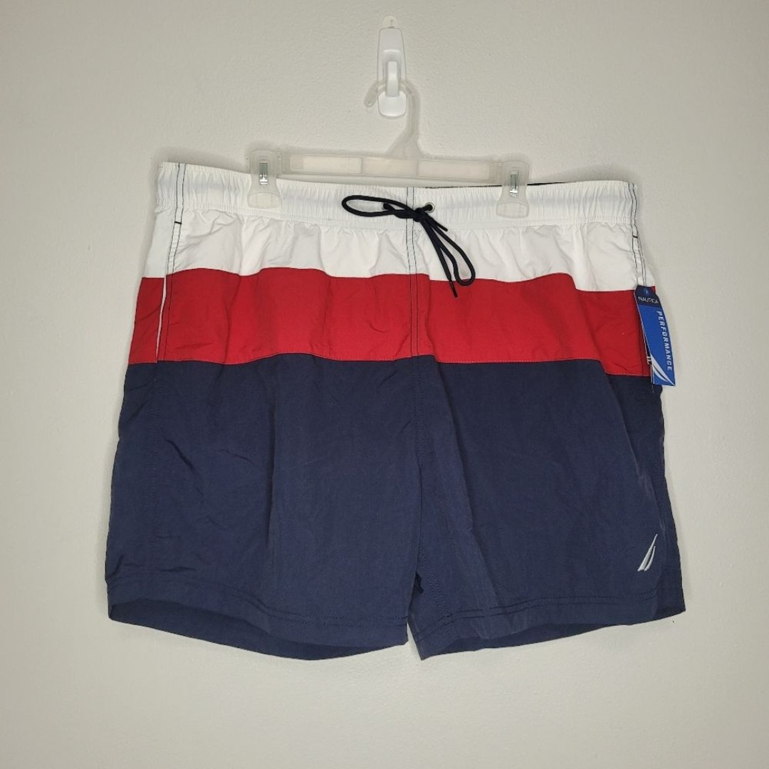 NAUTICA red white blue performance colorblock drawstring swim trunks xxl