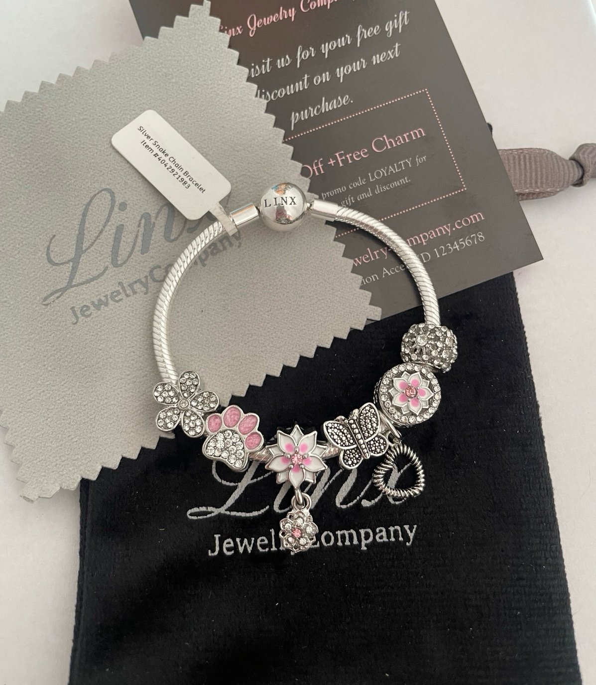 Linx Silver Snake Chain Bracelet with Pink Themed Charms