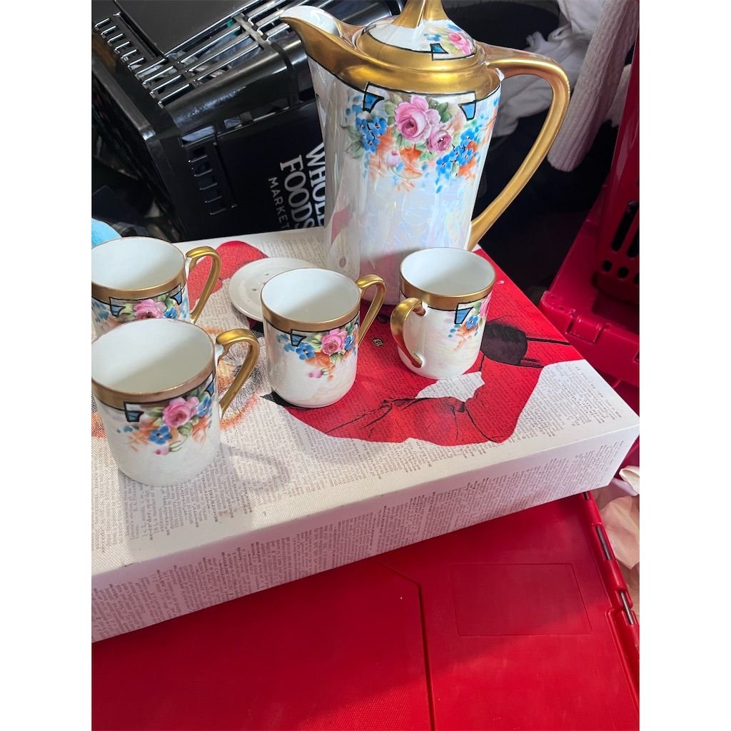 Fine Bone China Floral Tea Set 5-Piece White Teapot & 4 Teacups