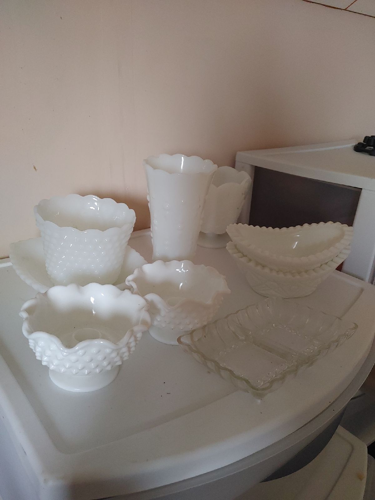 9 Piece 1950s white glass dish set