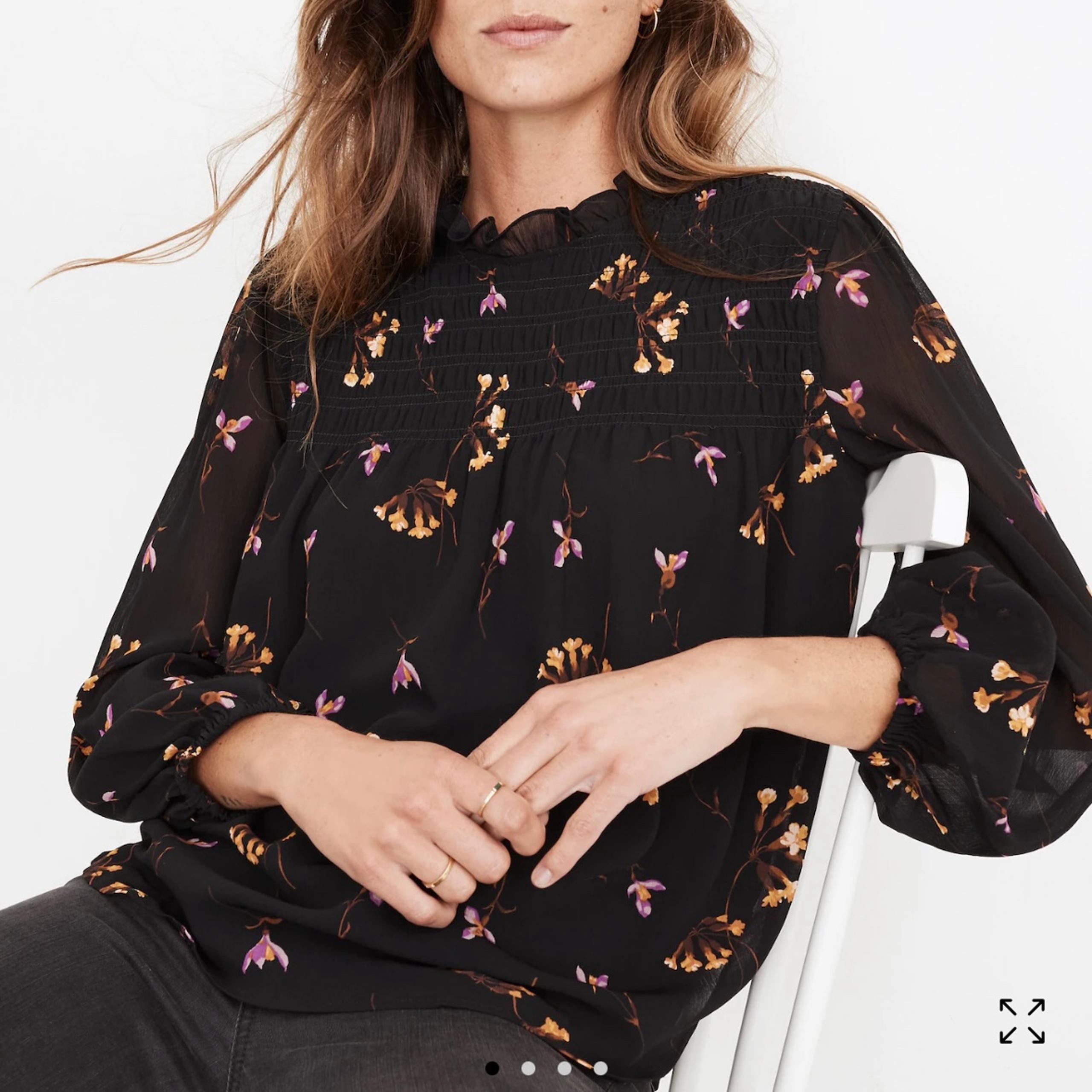 Madewell Georgette Ruffle-Collar Smocked Top in Falling Freesias