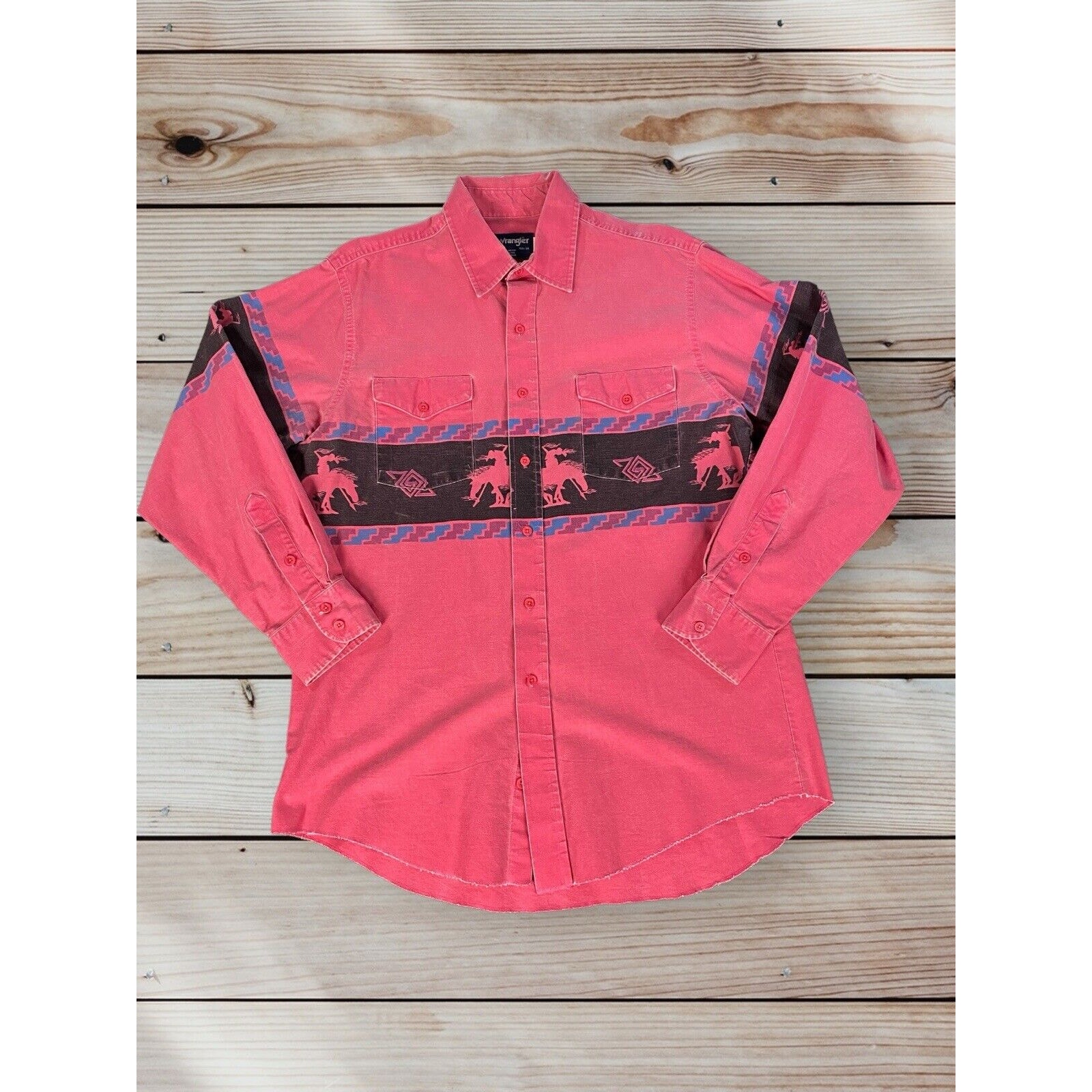 Wrangler Aztec Shirt USA Brushpopper Western X-Long Tails Red Mens 16 1/2 34