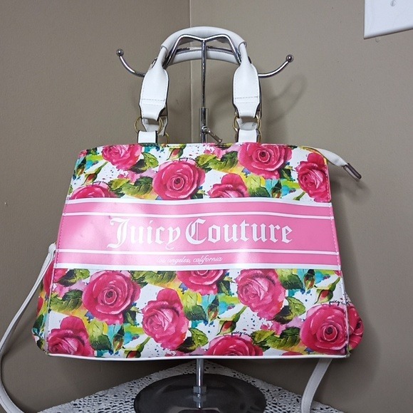 Juicy Couture Billboard Tote Bag Purse Crossbody Satchel White & Rose Pink