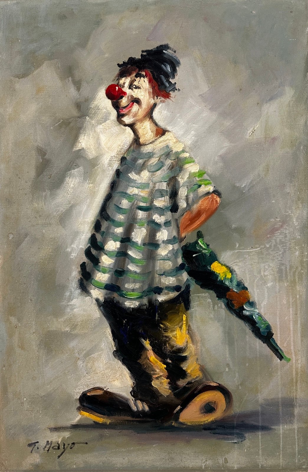 American 20C, T. Mayo, Vintage Oil Painting on Canvas, Clown Portrait
