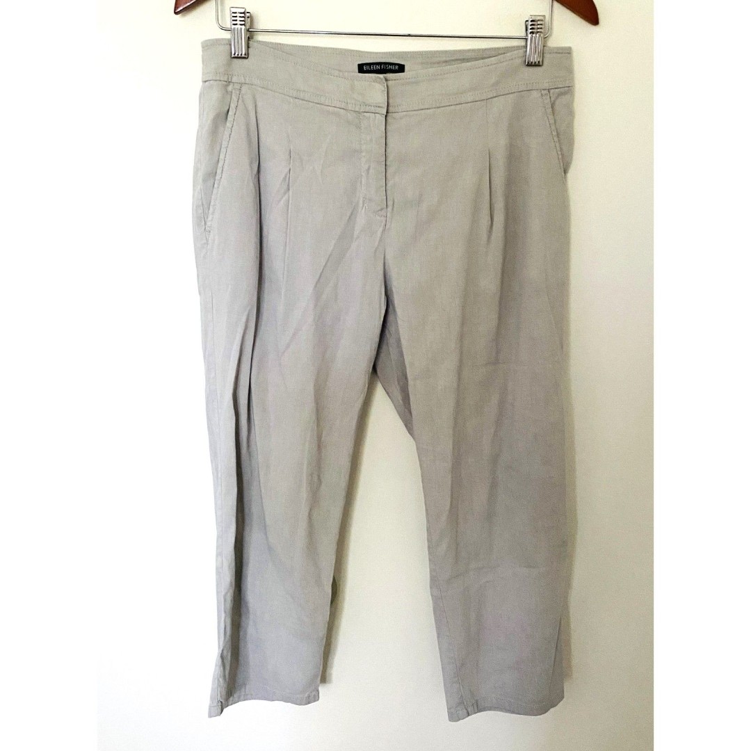 Eileen Fisher Linen Blend Cropped Pleated Pants Oatmeal Color Side Pockets Sz 4