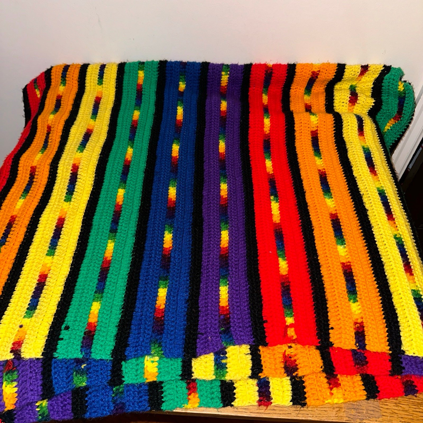 Handmade Afghan rainbow stripes large 73” x 83” Multicolor, Hobo, Granny