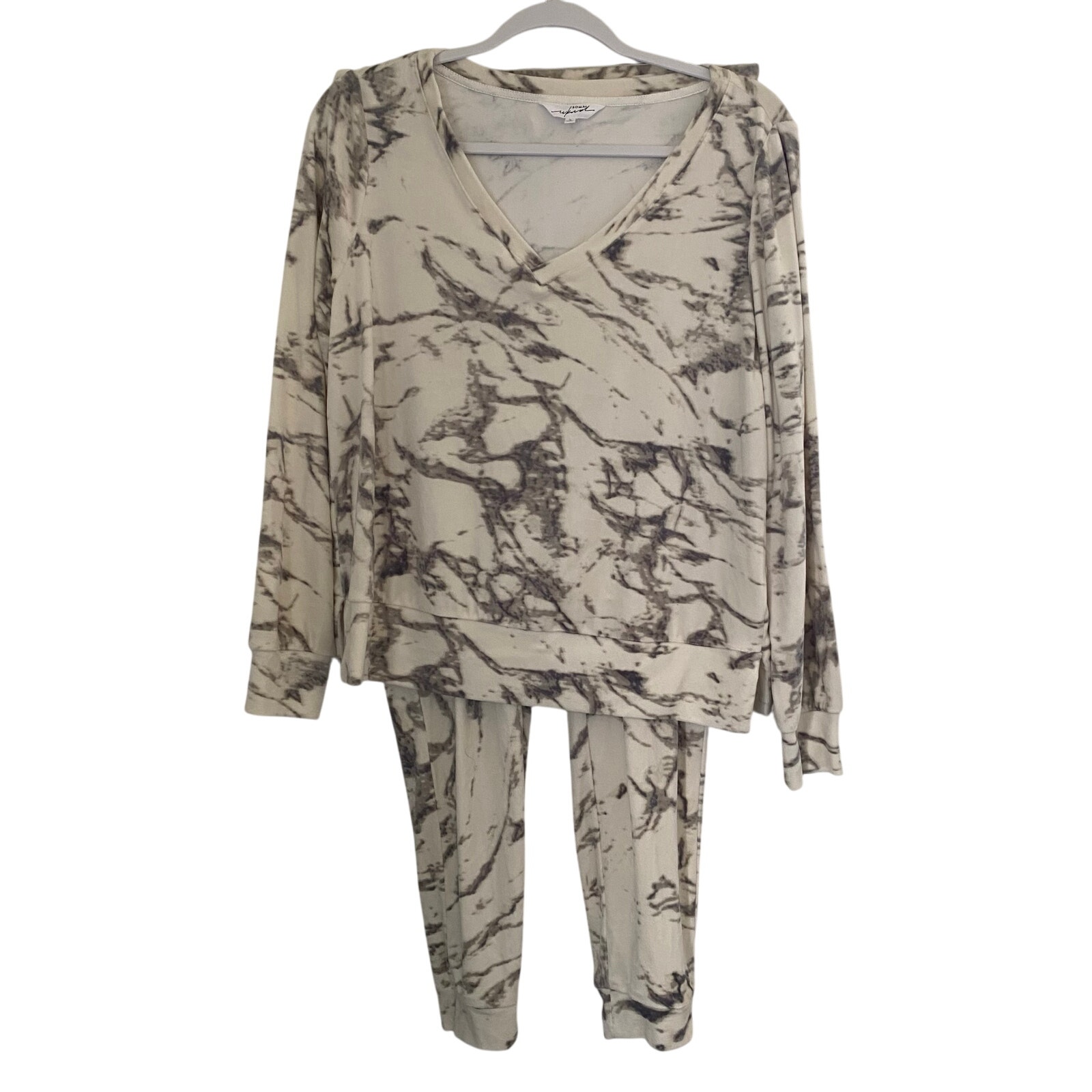 Soma Weekend Velvet Pajamas Set White Gray Marble  Womens Size Small