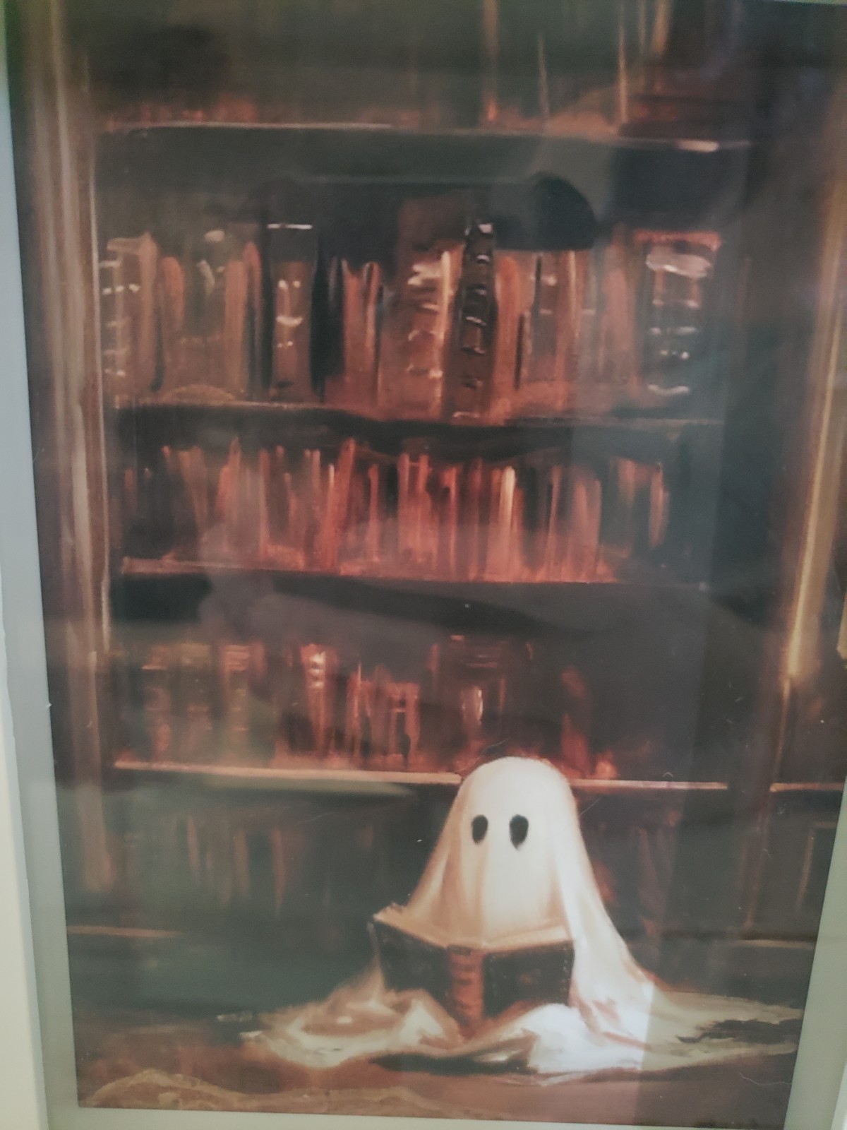 Ghost framed picture spooky Halloween wall art read books library haunted decor