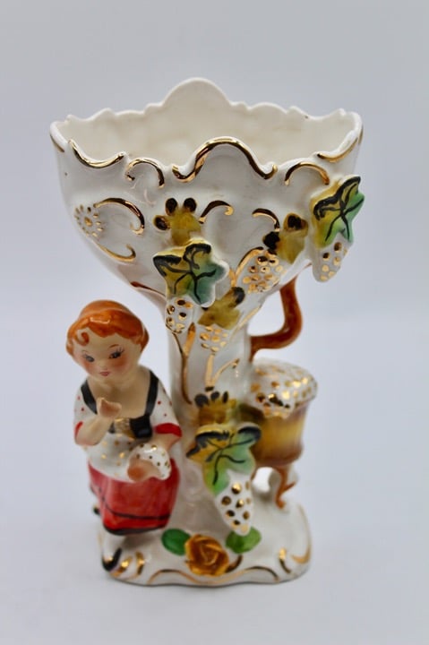 Vintage Figural Maiden by the Grape Tree and Roses Vase-In Excellent Condition
