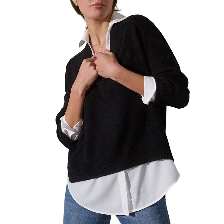 Brochu Walker The Looker Layered V-Neck Sweater. Size M, Black/White