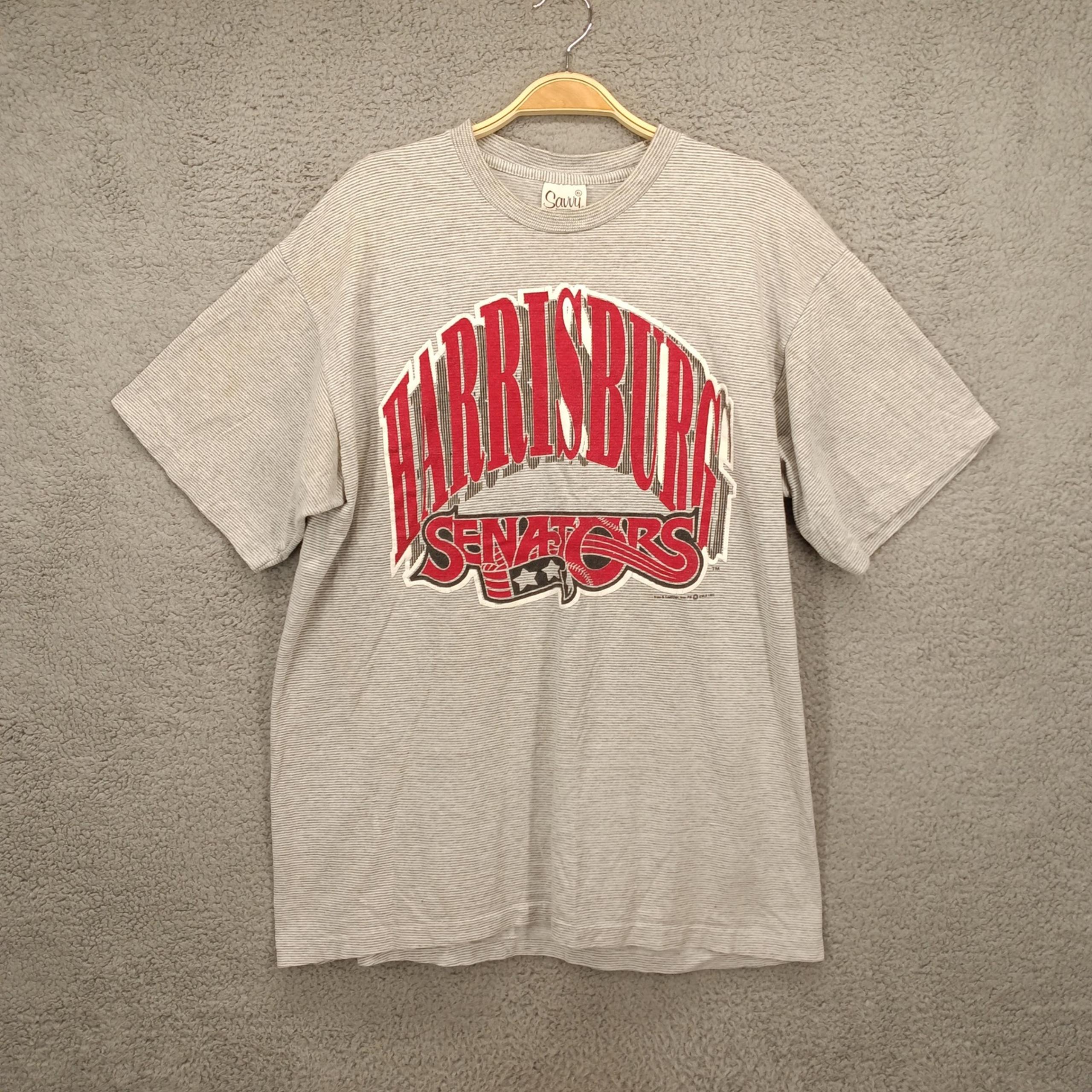 Savvy Harrisburg Senators XL T-Shirt Vtg Single Stitch MLB Baseball Gray Striped