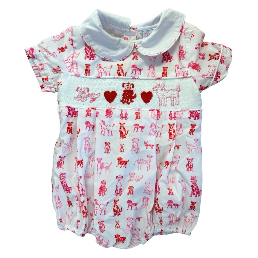 Ann Reeves Baby 9M Puppy Love Smocked Printed Bubble Pink Dogs Evelyn Henson
