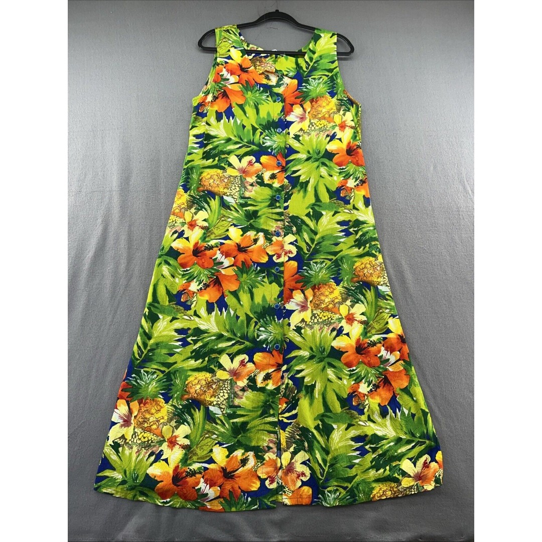 Vintage Jams World Dress Womens Large Green Orange Floral Sleeveless Pullover