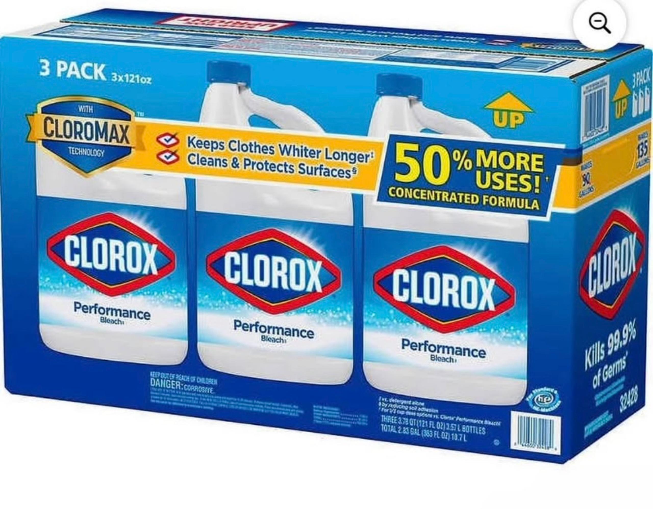 Clorox Performance Bleach with CloroMax, Concentrated, 121 oz, 3 ct