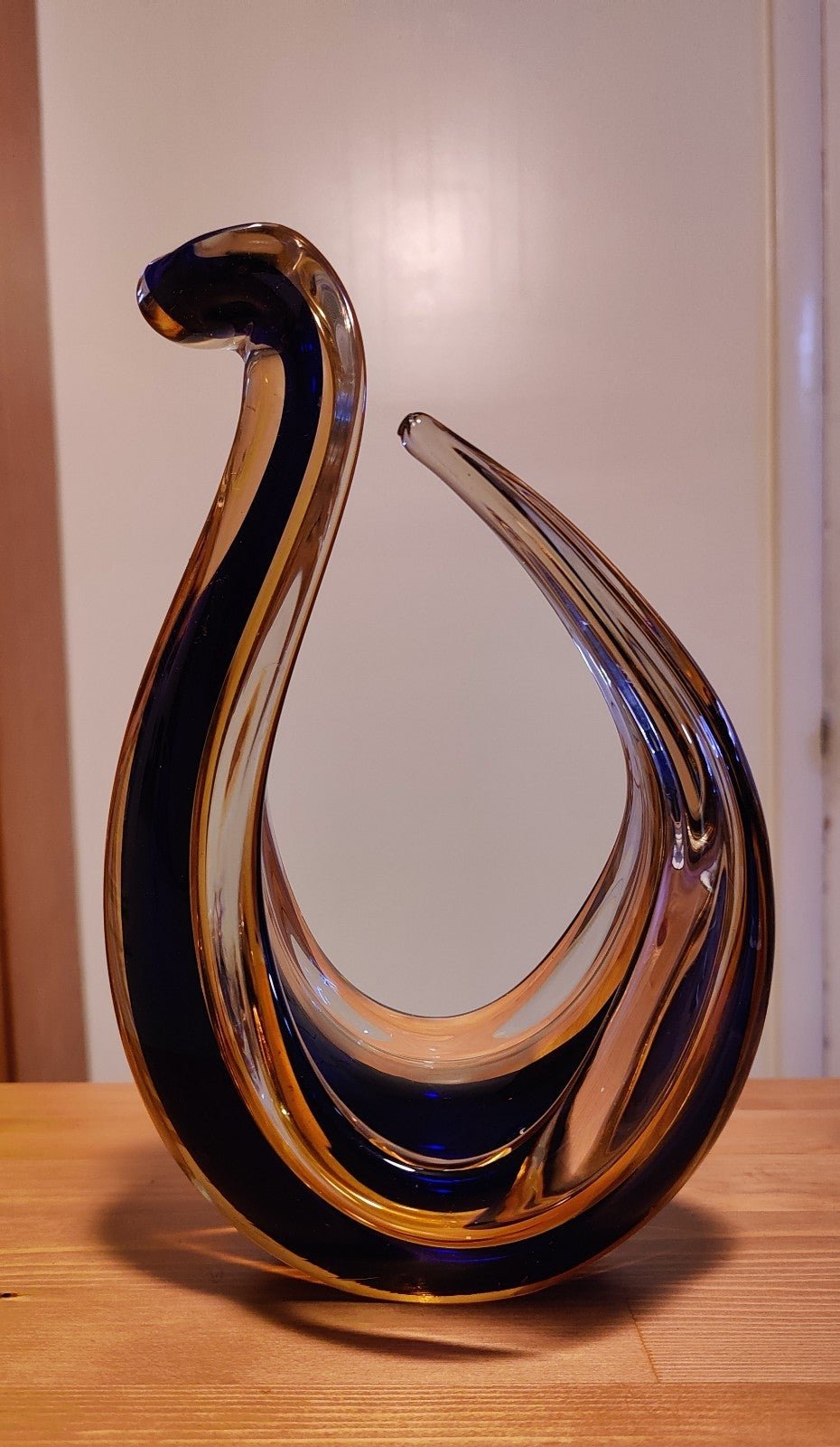 Murano Style Sommerso Royal Blue and Amber Art Glass Serpent Vase Sculpture LG