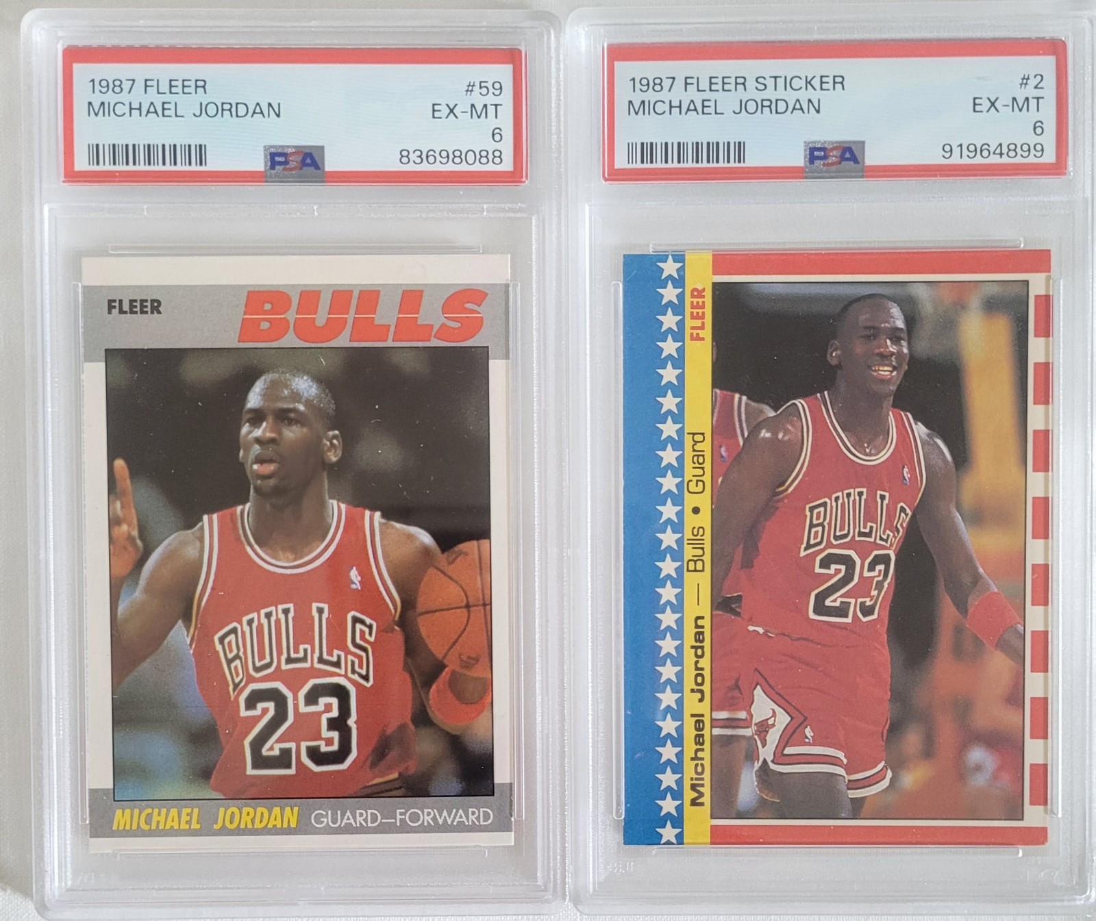 MICHAEL JORDAN 1987-88 2ND YEAR FLEER BASE and INSERT STICKER (PSA GRADED 6)