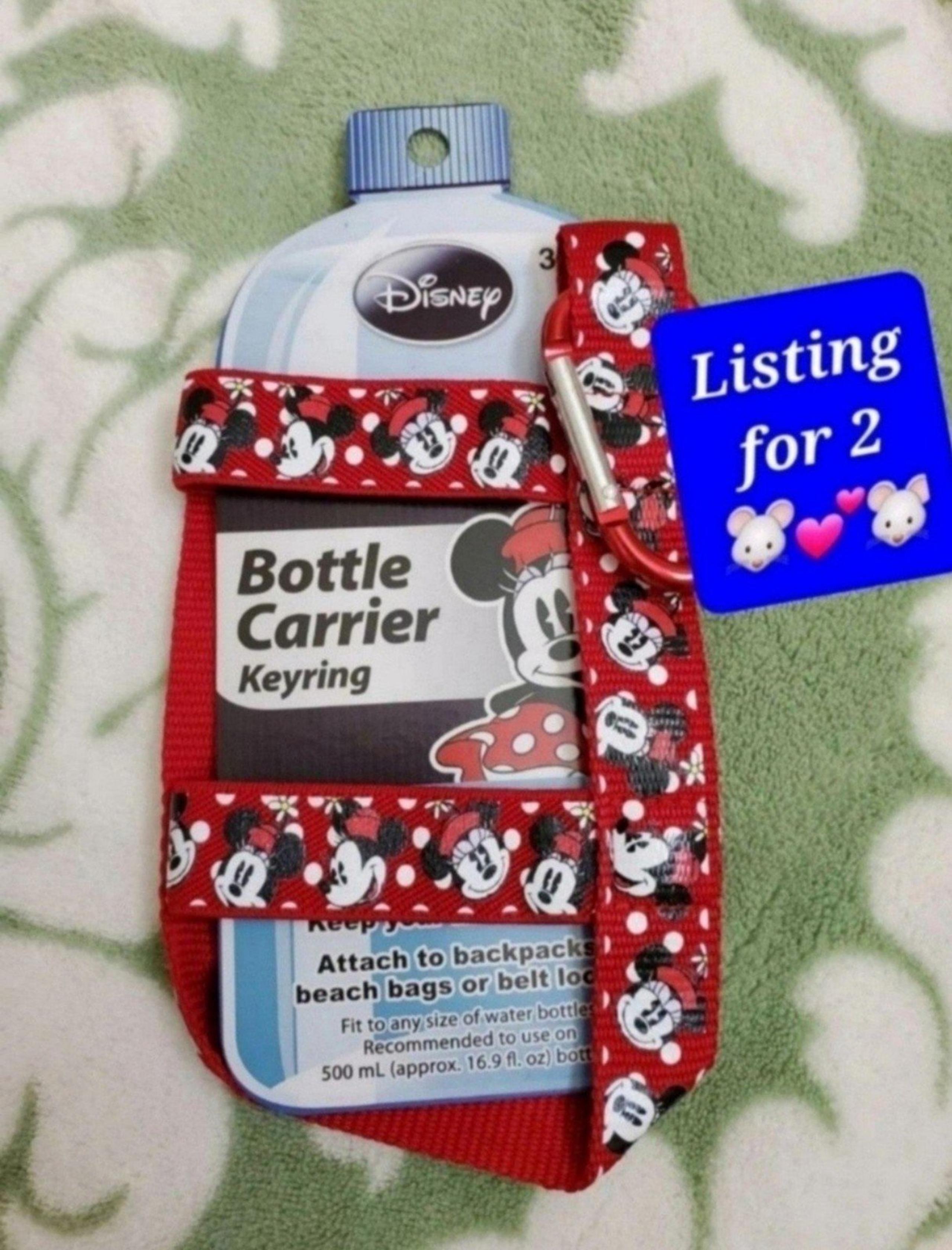 2 Red Disney Minnie Mouse Water Bottle Carrier Holder Keychain Park Life Workout