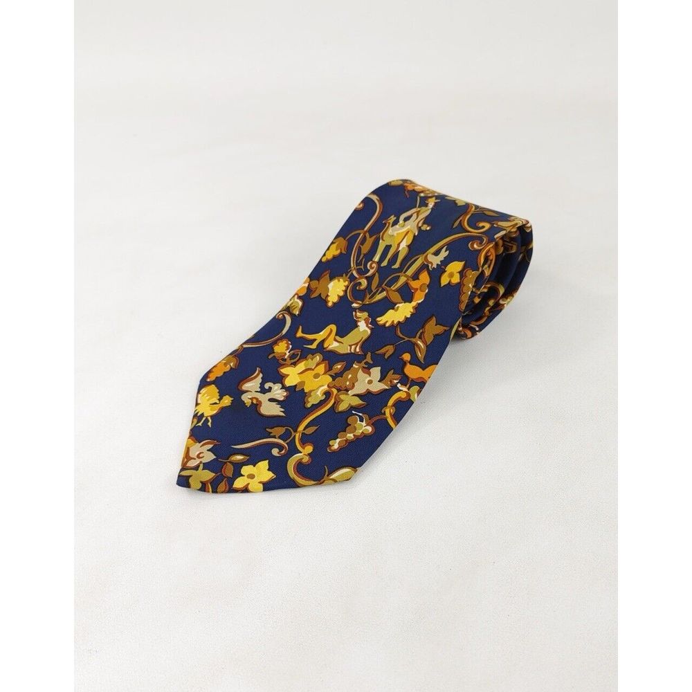 Salvatore Ferragamo Gold conquistador in Golden Garden Navy Necktie 100% Silk