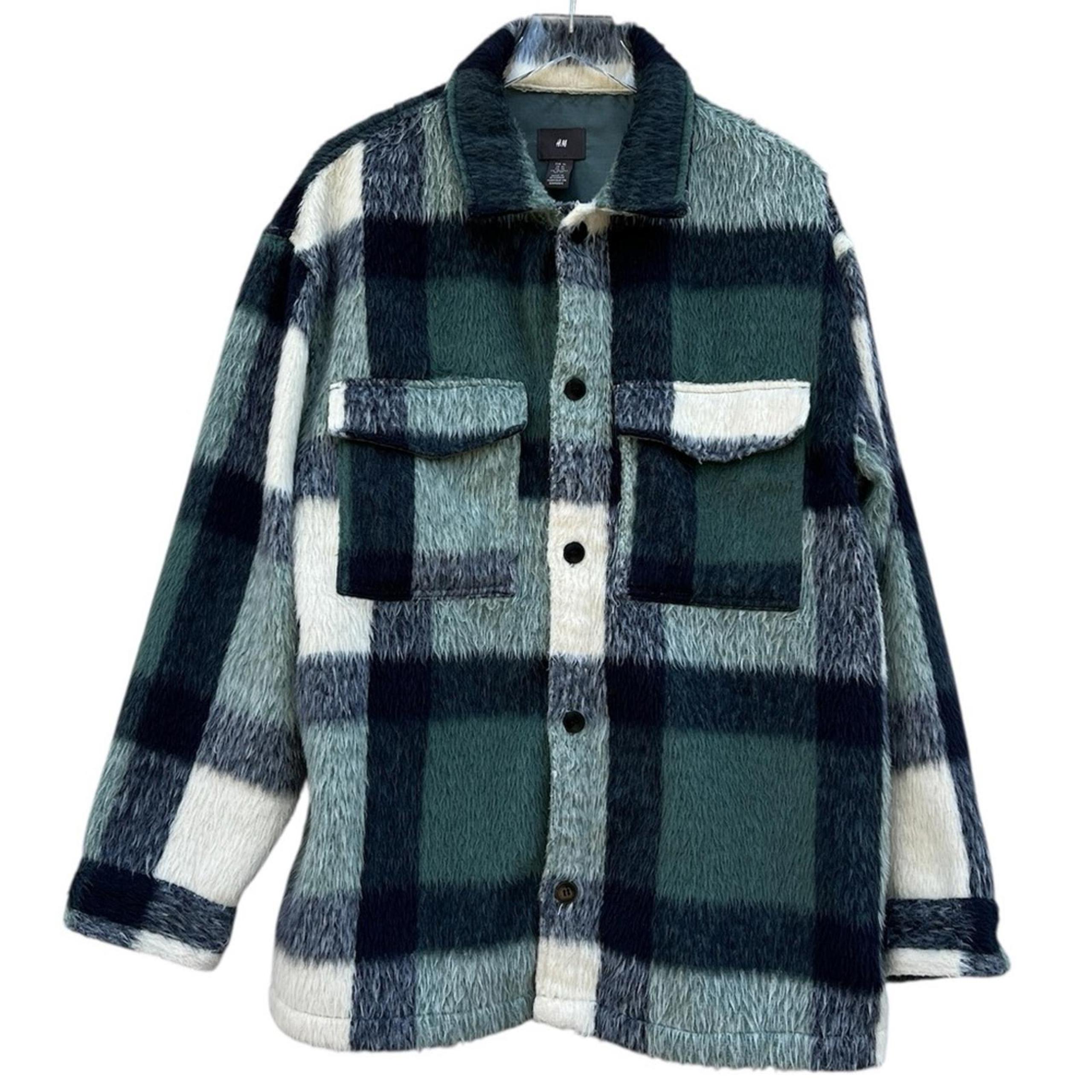 Plaid Shacket Shirt Jacket Green Navy Blue Cream EUC H&M XL Box Fit Oversized