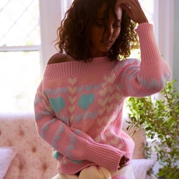 LOVESHACKFANCY Gizela Heart Knit Cotton Blend Pullover Sweater Size S