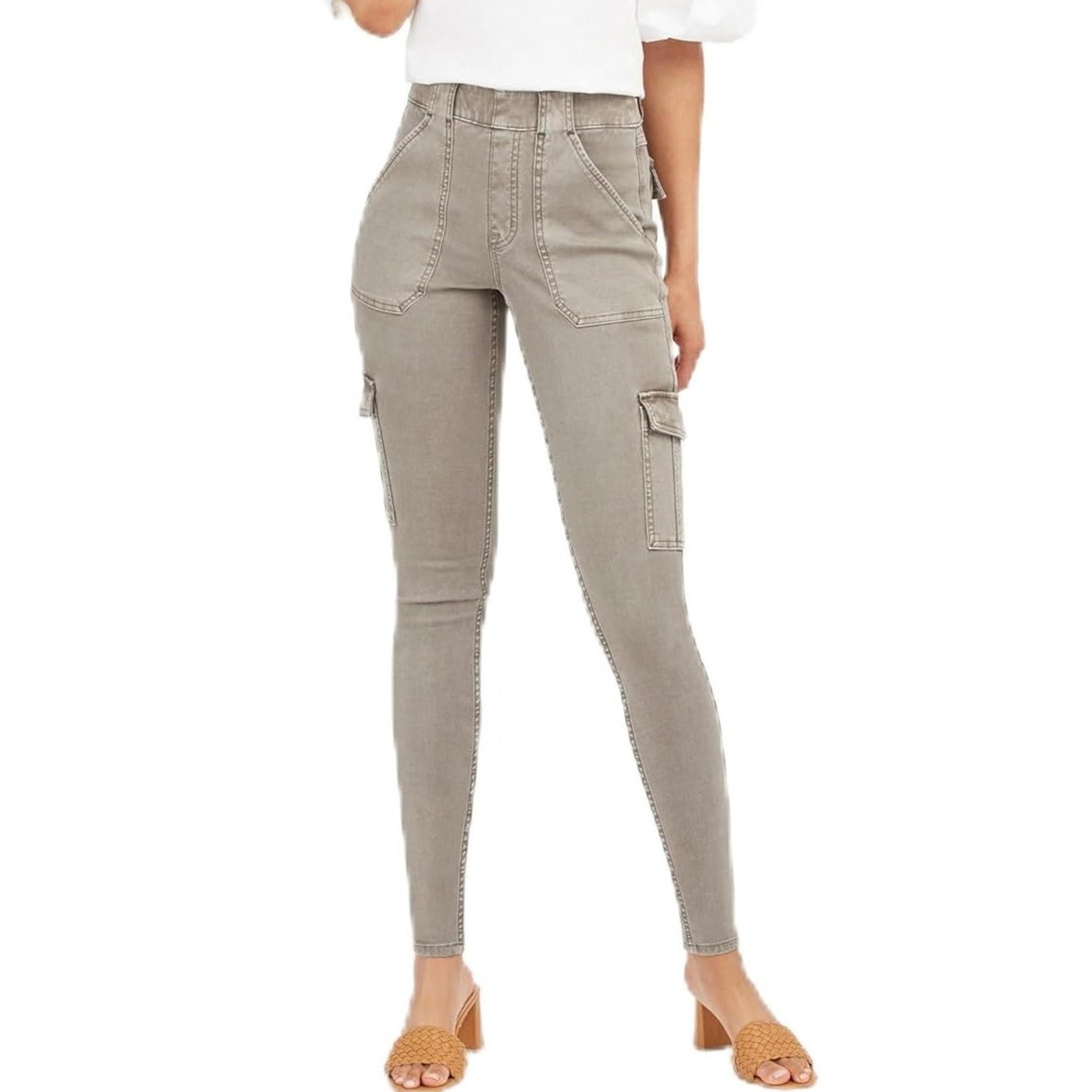 Spanx Stretch Twill Ankle Cargo Pants High Rise Pull On Gray Womens Size XS Tall