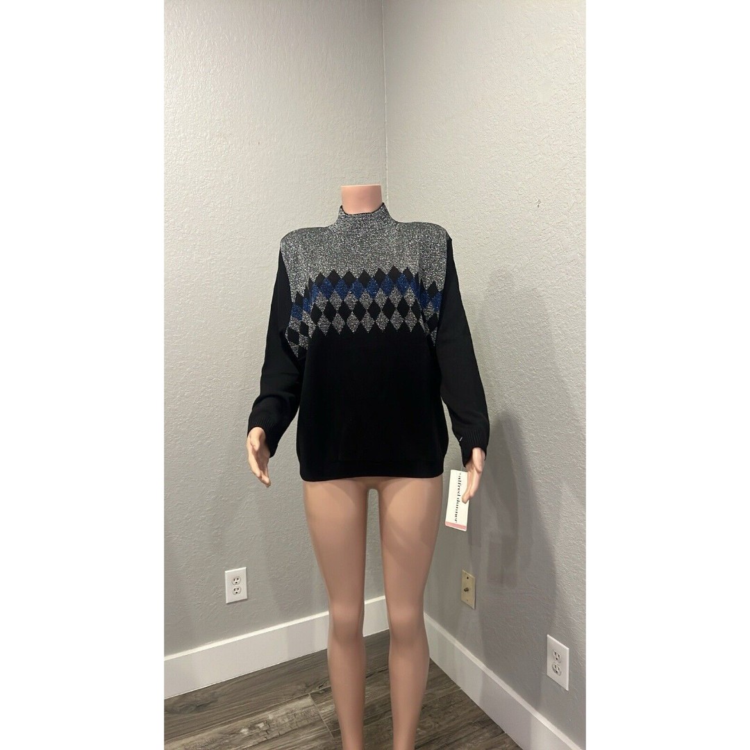 Alfred Dunner Diamond Pattern Sweater Size 1X LA SCALA BLACK SHINE SILVER NWT#83