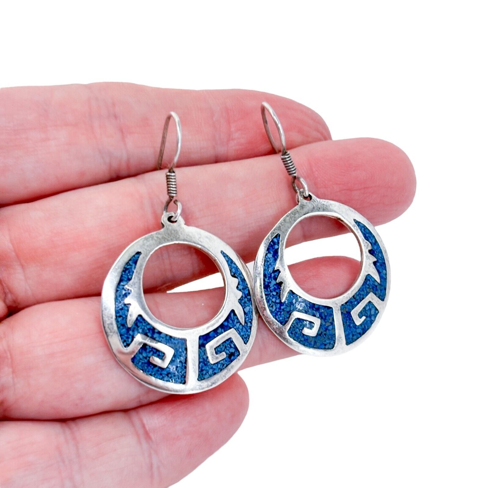 Vintage Mexico Taxco TC-254 Sterling Silver 925 Turquoise Inlay Dangle Earrings