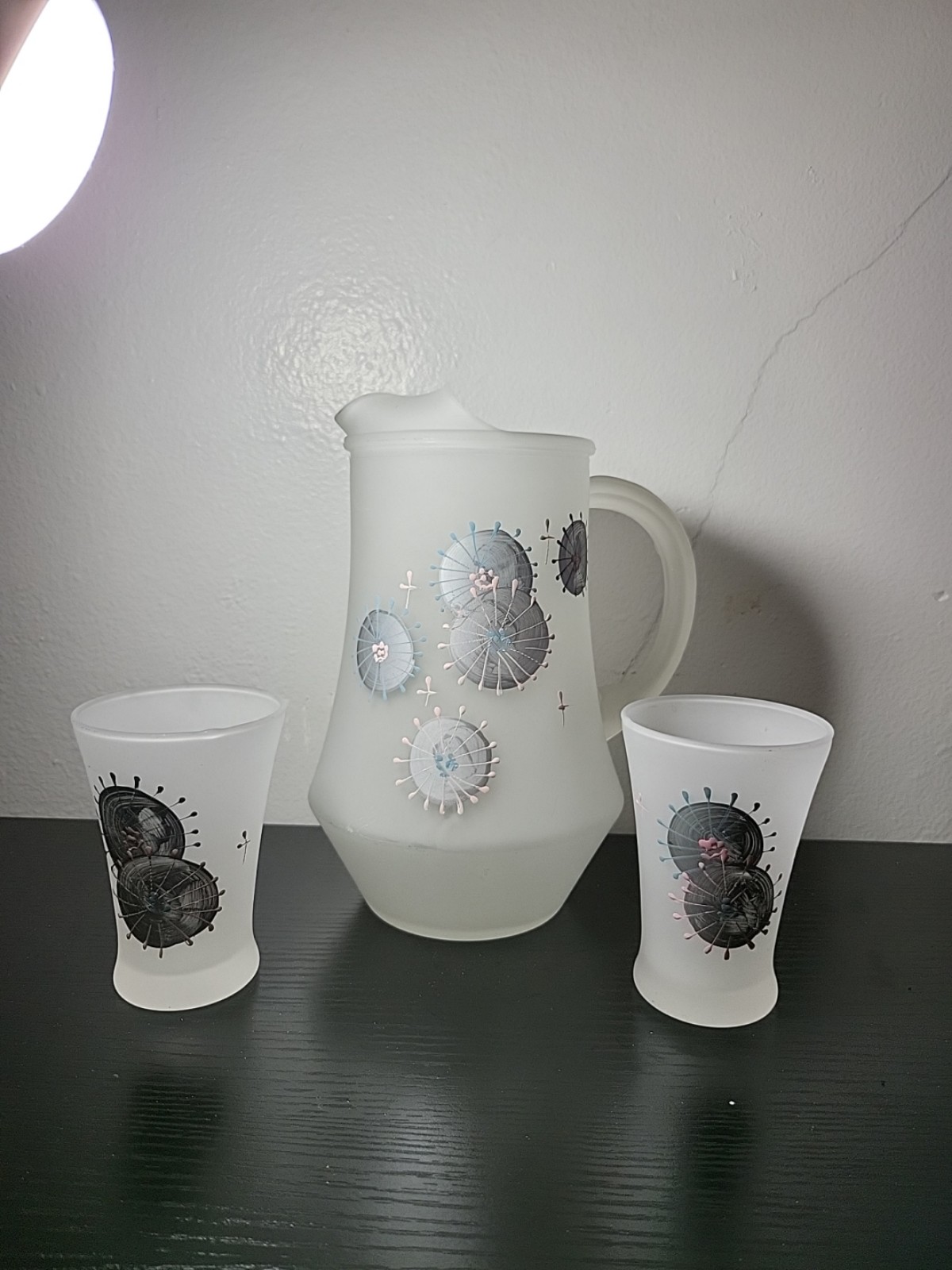 MCM Retro Satin Glass Pitcher & 2 Glasses with Atomic Age Silver Design